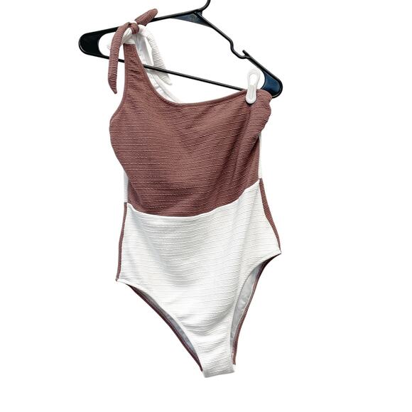 Cupshe Womens One-Shoulder Textured Swimsuit Mauve & White Colorblock Size M - Picture 1 of 8